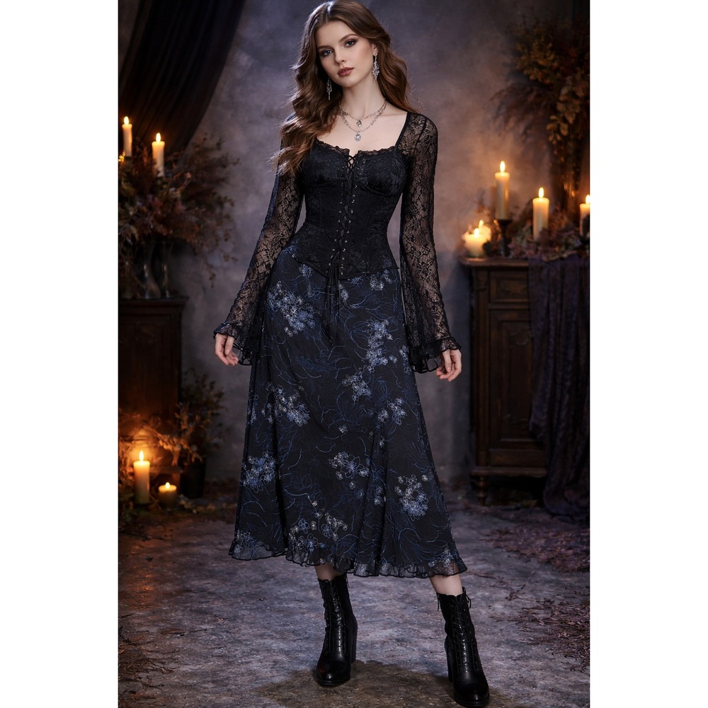 Whimsigoth Boho Cottage Fairy Black Floral Ruffle Sheer Overlay 16P Midi Skirt